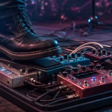 ステージ上でピッチシフトとグリッチ系エフェクターを操作するギタリストの足元