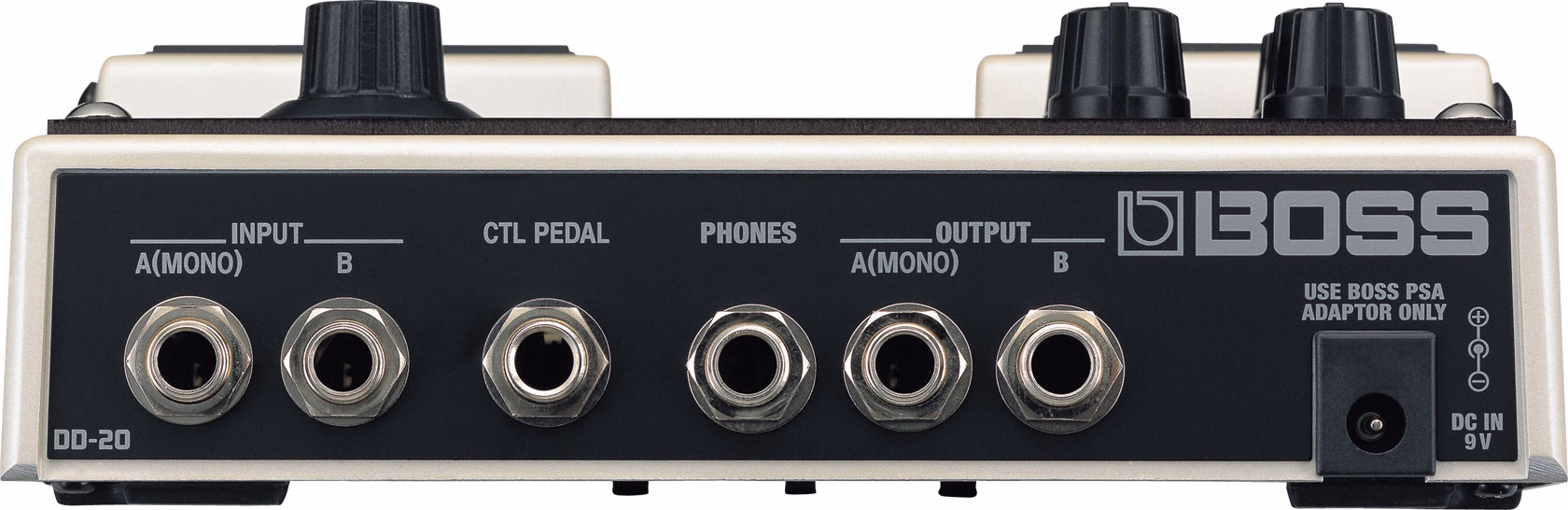 DD-20の背面。左右の入力と出力、CTL PEDAL、PHONES、DC9V端子