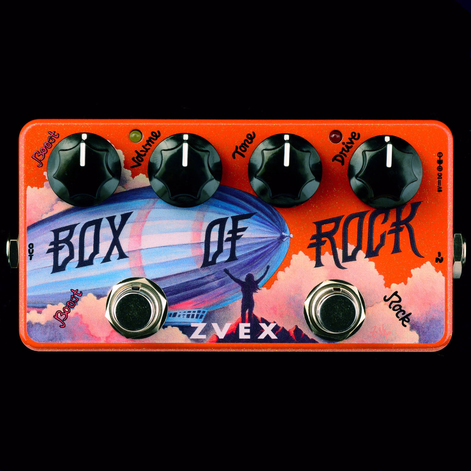 Vexter Box of Rockの4つのノブと、BOOST・ROCKそれぞれのフットスイッチ